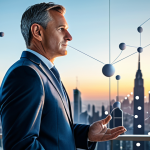 A professional man, mid-40s, with a serene and confident expression, dressed in a well-fitted, modest business suit. He stands in a brightly lit, modern office overlooking a calm city skyline at dawn. In the foreground, an abstract, elegant visualization of a growing snowball, composed of interconnected glowing financial data points, subtly spirals upwards, symbolizing compounding wealth and long-term growth. The overall atmosphere is one of stability and foresight. Professional photography, high-resolution, sharp focus, perfect anatomy, correct proportions, natural pose, well-formed hands, proper finger count, natural body proportions, safe for work, appropriate content, fully clothed, professional dress, family-friendly.
