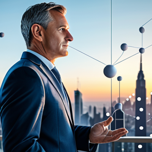 Home 8 A professional man, mid-40s, with a serene and confident expression, dressed in a well-fitted, modest business suit. He stands in a brightly lit, modern office overlooking a calm city skyline at dawn. In the foreground, an abstract, elegant visualization of a growing snowball, composed of interconnected glowing financial data points, subtly spirals upwards, symbolizing compounding wealth and long-term growth. The overall atmosphere is one of stability and foresight. Professional photography, high-resolution, sharp focus, perfect anatomy, correct proportions, natural pose, well-formed hands, proper finger count, natural body proportions, safe for work, appropriate content, fully clothed, professional dress, family-friendly.