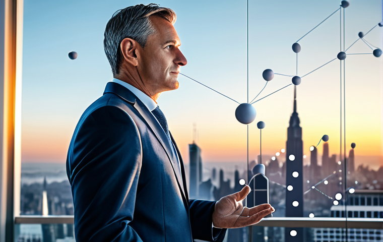 A professional man, mid-40s, with a serene and confident expression, dressed in a well-fitted, modest business suit. He stands in a brightly lit, modern office overlooking a calm city skyline at dawn. In the foreground, an abstract, elegant visualization of a growing snowball, composed of interconnected glowing financial data points, subtly spirals upwards, symbolizing compounding wealth and long-term growth. The overall atmosphere is one of stability and foresight. Professional photography, high-resolution, sharp focus, perfect anatomy, correct proportions, natural pose, well-formed hands, proper finger count, natural body proportions, safe for work, appropriate content, fully clothed, professional dress, family-friendly.