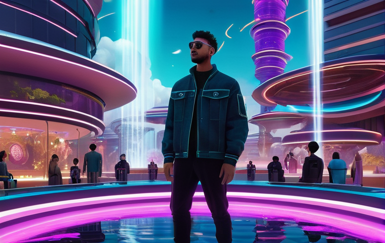 메타버스 코인 추천 - **Immersive Metaverse Social Hub:**
    "A vibrant, futuristic social hub within a sprawling metaver...