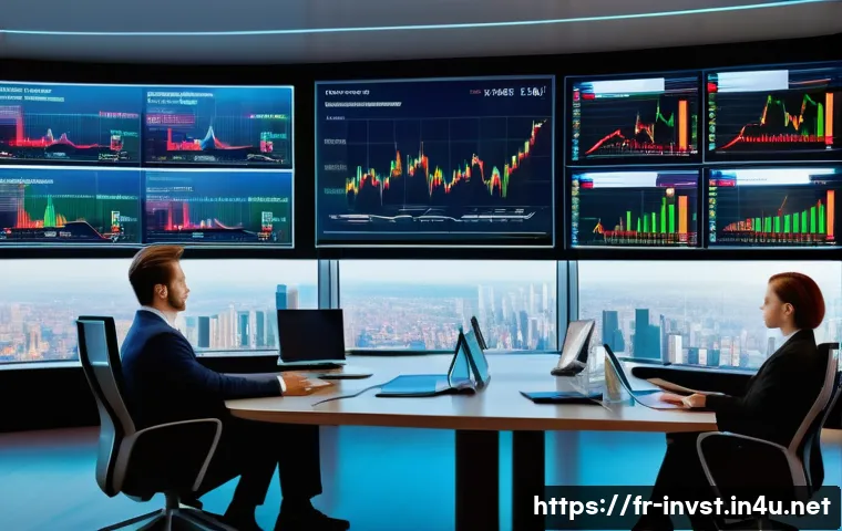 테마주 급등 원인 분석 - A futuristic financial trading room with diverse professionals analyzing large digital screens displ...