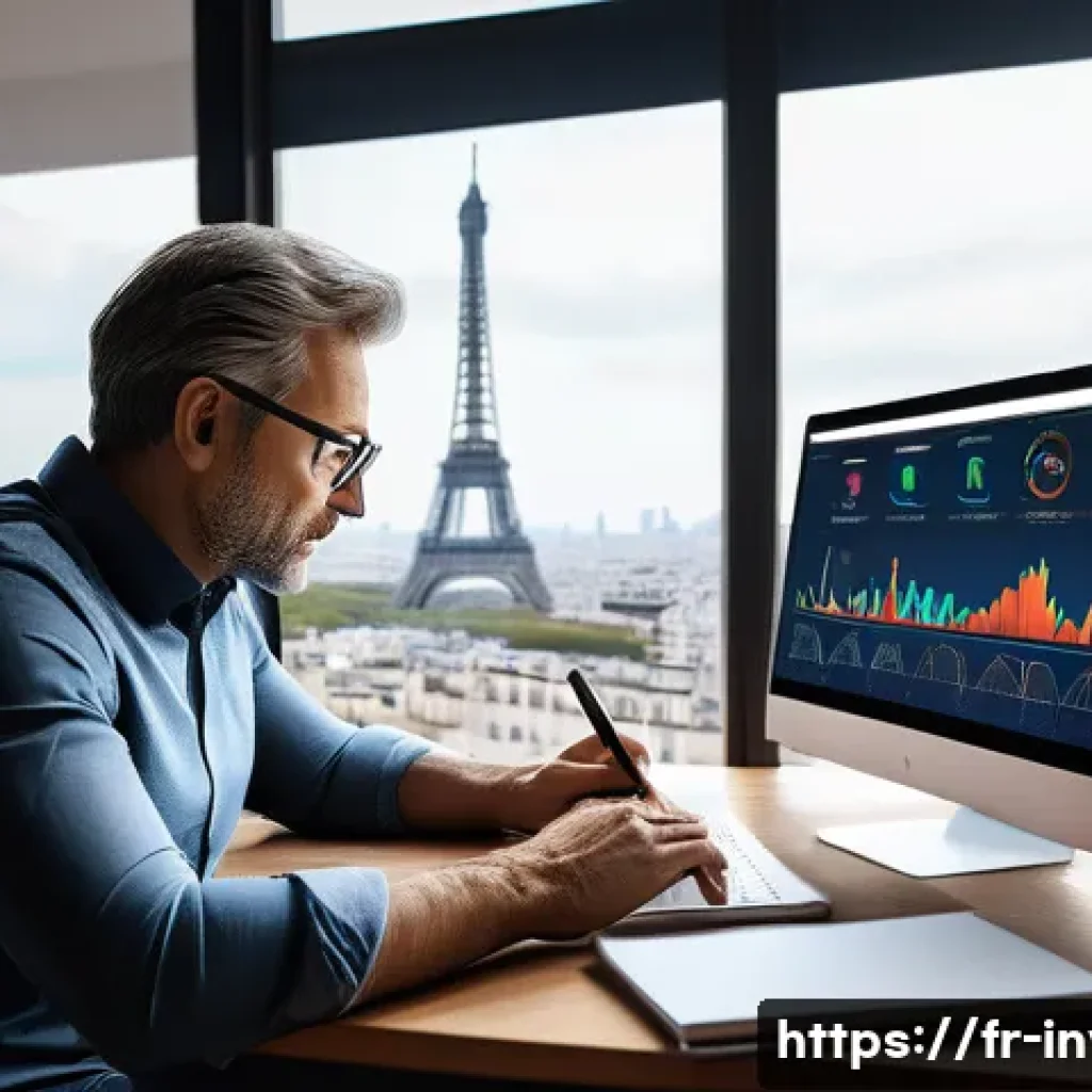 주식 리밸런싱 방법 - A modern French investor’s home office scene showing a middle-aged man analyzing multiple financial ...