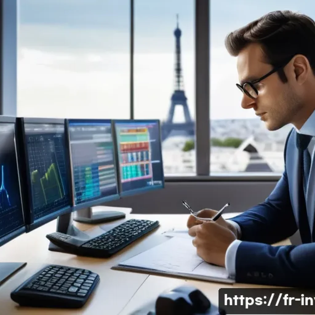 주식 공매도의 개념 - A sophisticated financial trader in a modern Parisian office, dressed in smart business attire with ...