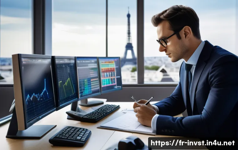 주식 공매도의 개념 - A sophisticated financial trader in a modern Parisian office, dressed in smart business attire with ...