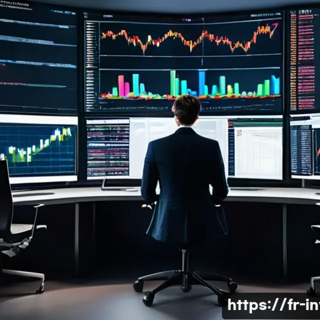 주식의 역발상 투자 사례 - A sophisticated financial analyst in a modern Parisian office, surrounded by multiple large screens ...