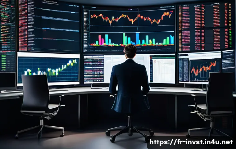 주식의 역발상 투자 사례 - A sophisticated financial analyst in a modern Parisian office, surrounded by multiple large screens ...