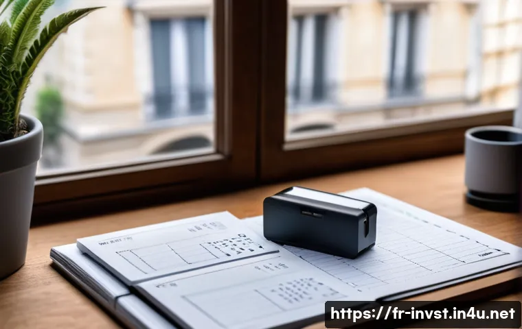 암호화폐 자산관리 방법 - A modern French home office scene featuring a person carefully setting up a cold crypto wallet hardw...