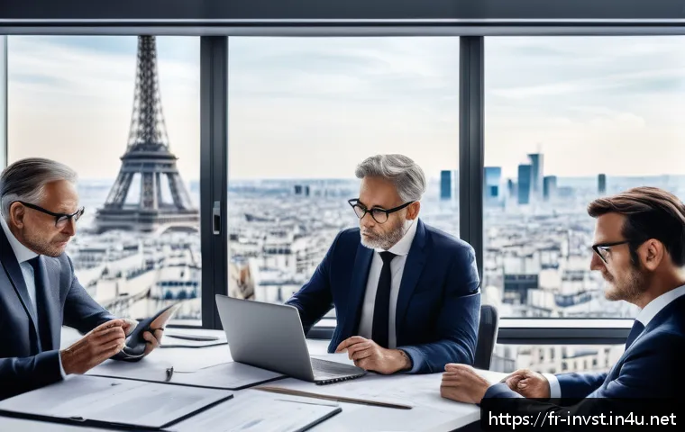 배당 수익률 높은 주식 - A professional business setting showing a diverse group of mature French investors analyzing high di...