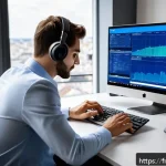 가상화폐 거래소 선택법 - A modern cryptocurrency trading platform interface displayed on a sleek desktop monitor in a bright,...