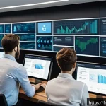 코인 스캠 프로젝트 식별법 - A professional workspace scene showing a diverse team of crypto developers and analysts gathered aro...